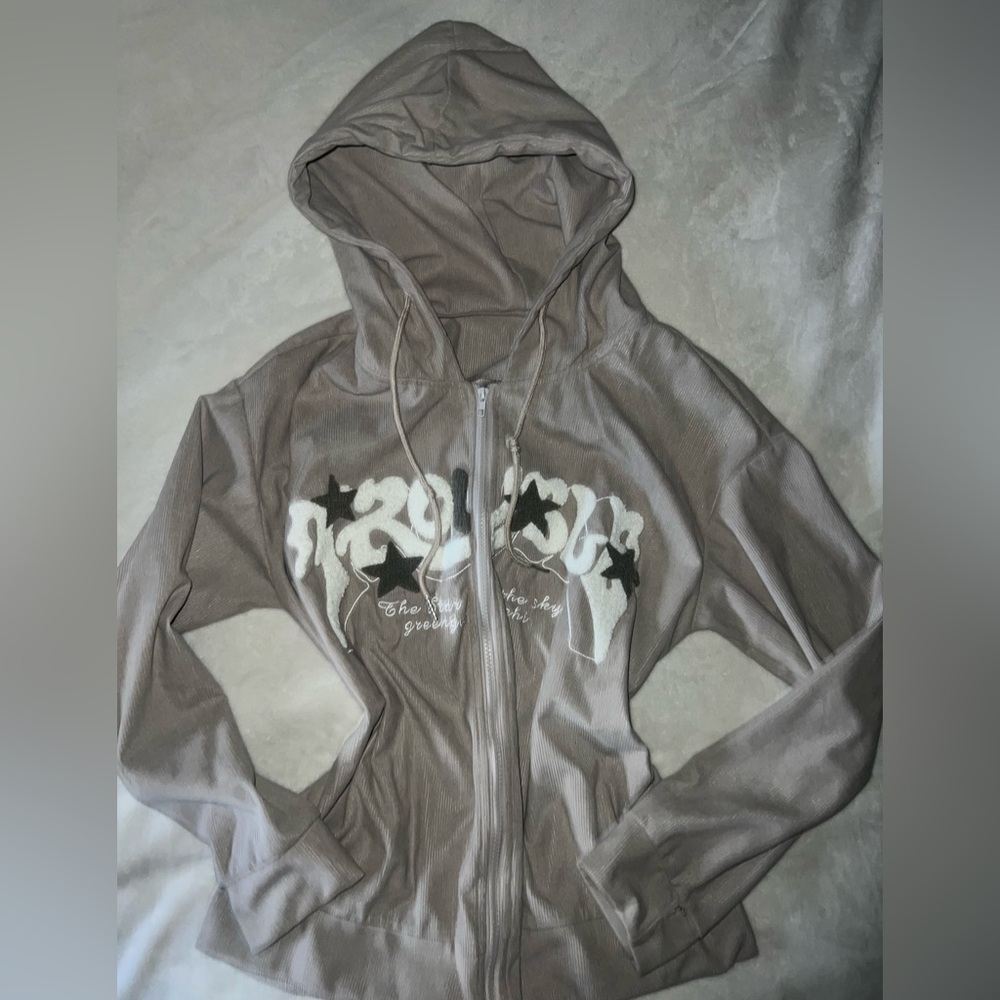 SHEIN Corduroy Zip Up Hoodie with Graphic Accents